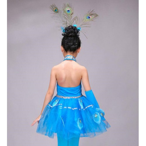 Turquoise Children Girls Chinese Costumes Kids Halter Peacock Dance Ethnic chinese folk Costumes Stage Dancewear dresses